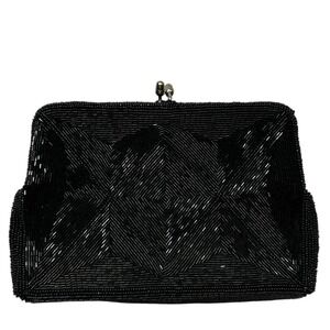 Vintage SHARONEE Black Beaded Clutch Geometric Kiss Lock Made in Japan 5" x 7"